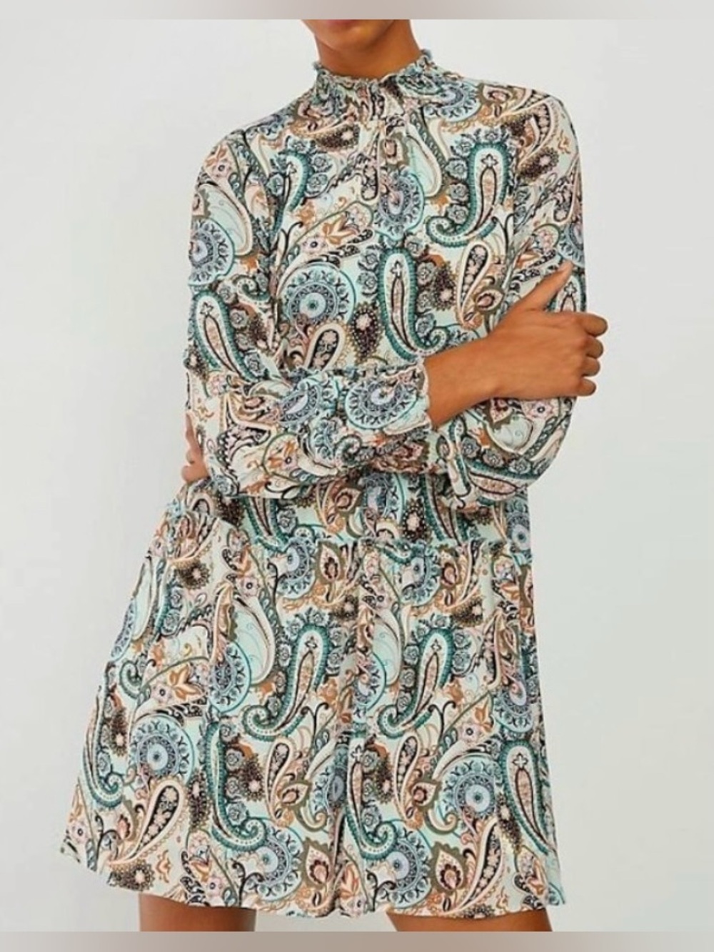 Anthropologie Teal and Brown Paisley High-Neck Long-Sleeve Mini Dress - Size M